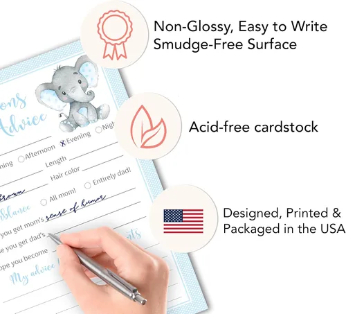 Miniatura 6 de Blue Elephant - Tarjetas de predicción y consejos – Paquete de 25 – Juegos de baby shower para niños, nuevos padres, mamá y papá futuros, mensaje