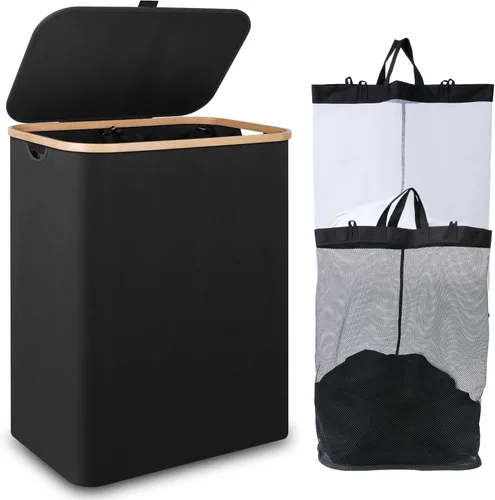 Miniatura 18 de iEGrow - Canasta de lavandería de 150 litros con tapa - Gran canasta de lavandería con asas de bambú, color gris, cestas para lavandería, cesta