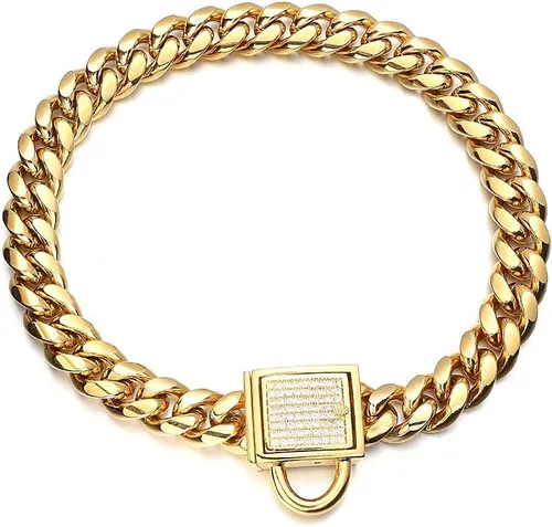 Miniatura 5 de Collar de cadena dorado para perro de 10mm de ancho, collar de eslabones cubanos para cachorros, acero inoxidable 316L con cierre de diamante CZ