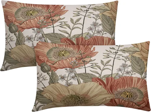Juego de 2 fundas de almohada lumbares vintage florales de 12 x 20 pulgadas, diseño botánico rústico de flores, fundas decorativas rectangulares de