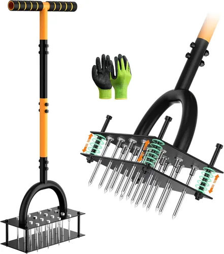 Miniatura 9 de Grenebo Aireador manual de césped con 16 picos, aireador de césped de metal para patio, aireación de césped, eyección automática de suelo, Verde