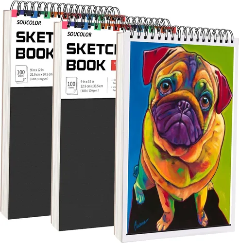 Miniatura 14 de Soucolor - Cuaderno de bocetos de 9 x 12 pulgadas, paquete de 4 de 100 hojas, encuadernado en espiral, libre de ácido (68 libras/100 g/m²), papel