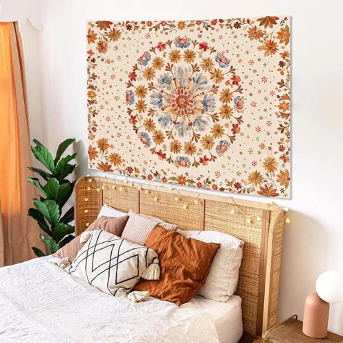 Miniatura 3 de Fowocu Tapiz bohemio con mandala floral para colgar en la pared, medallón de flores bohemias, tapiz estético, beige, naranja, hippie, indio, pequeño