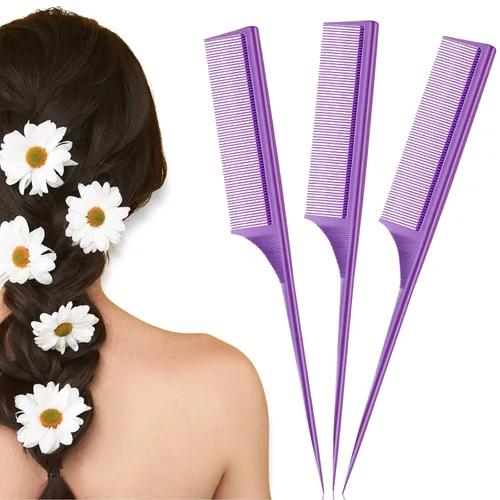 Miniatura 7 de Leinuosen Paquete de 3 peines de cola de rata, punta de separación de dientes finos para mujeres, fibra de carbono, resistente al calor