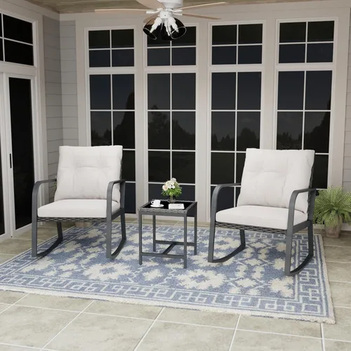 Juego de muebles de patio de 3 piezas estilo bistró, mesa de patio y juego de 2 sillas de columpio de ratán para exteriores, juego de conversación