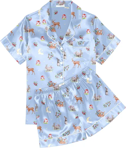 Miniatura 17 de Ekouaer Conjunto de pijama de satén de seda para mujer, suave, de manga corta, con botones, ropa para dormir, camiseta y pantalones cortos, juego