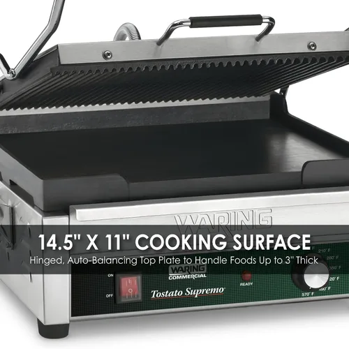 Miniatura 5 de Waring Panini Supremo WPG250TB comercial Panini Supremo - Parrilla Panini acanalada, con temporizador de cuenta regresiva de 20 minutos, 208 V, 2800