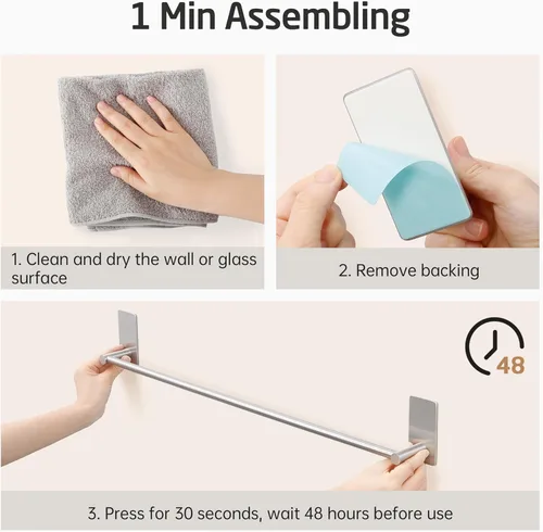 Miniatura 8 de KES Toallero de baño autoadhesivo de 24 pulgadas, no requiere taladro, para colgar toallas de baño, soporte para toallas de baño, acero inoxidable