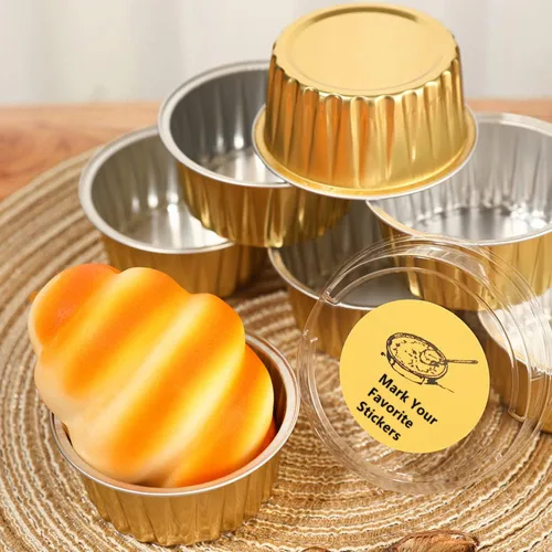 Miniatura 5 de Paquete de 100 tazas de papel de aluminio para hornear con tapas, tazas de postre de 5 onzas, moldes para magdalenas, moldes desechables para Oro