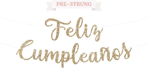 Cartel de Feliz Cumpleaños pre-encordado – No DIY – Cartel español de fiesta de feliz cumpleaños con purpurina dorada – Guirnalda de guión
