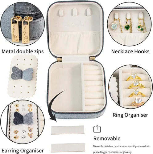 Miniatura 3 de SANQIANWAN Joyero de viaje de terciopelo de lujo para mujer, mini organizador de joyería pequeña, estuche de viaje portátil para anillos, aretes