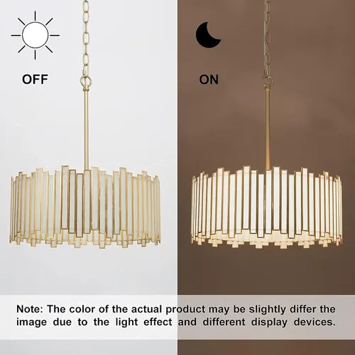 Miniatura 6 de Durent Lighting Candelabro de tambor dorado de 4 luces moderno con pantalla de vidrio crema, lámpara colgante de techo redonda de 16 pulgadas