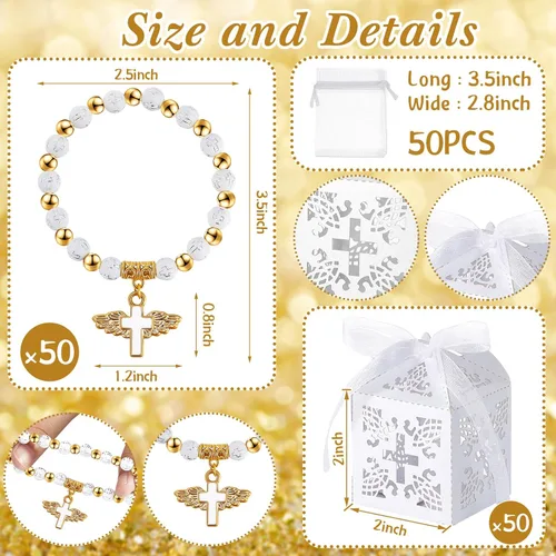 Miniatura 2 de El juego de 200 recuerdos de bautismo incluye 50 pulseras de rosario de cruz de ángel, 50 cajas de bautismo con cinta, 50 etiquetas