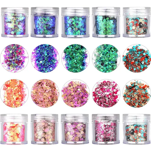 Juego de 10 cajas de maquillaje con purpurina gruesa. Coloridos copos de purpurina cosmética mixta para sombra de ojos, cuerpo, uñas, labios,