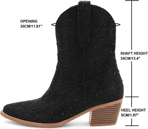 Miniatura 2 de SOVANYOU - Botas de cowboy con tachuelas para mujer, puntera en forma de almendra, tacón de bloque brillante, botas de vaquera con tachuelas