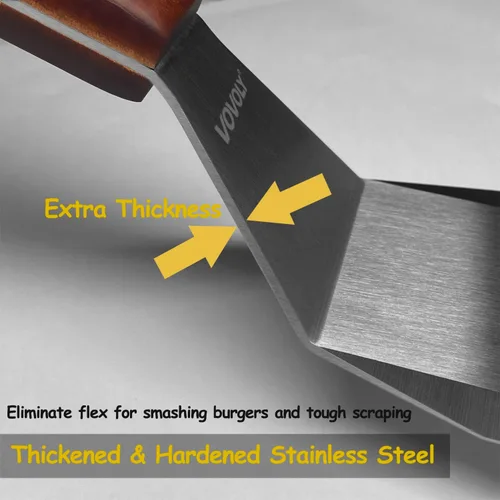Miniatura 4 de Espátula de metal profesional para sartenes de hierro fundido y parrillas de parte superior plana, mango de silicona de espiga completa, hoja