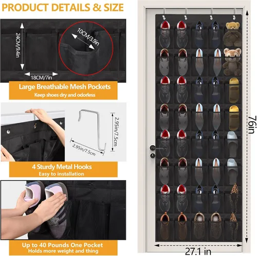 Miniatura 3 de Organizador de zapatos sobre la puerta, 40 bolsillos grandes de malla para colgar zapatos, organizador para armario, detrás de la puerta, soporte