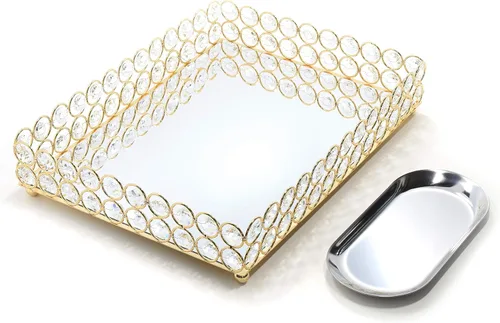 Bandeja Decorativa de Metal con Espejo, Bandejas de Tocador con Cristal, Adornos para Perfumes, Joyas, Maquillaje, Organizador de Cajón, Encimera