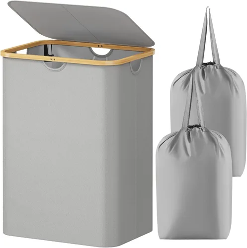 Miniatura 22 de Lifewit Cesta de ropa de 120L con tapa, cestas de ropa para lavandería con asas de bambú y una bolsa de lavandería extraíble, cesta plegable grande