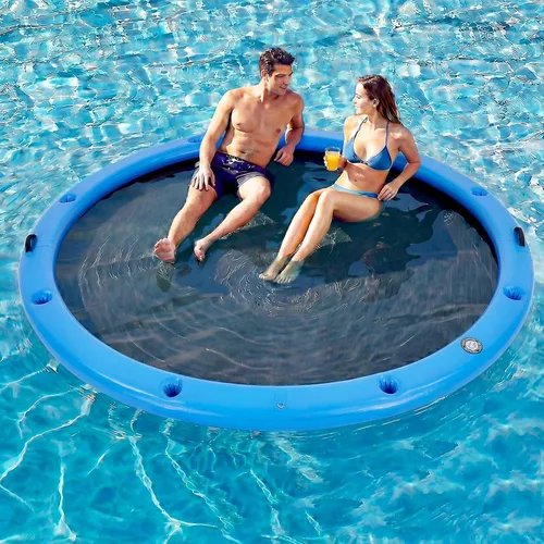 Miniatura 25 de 6-12FT Round Inflatable Floating Dock, Sunchill Float Ring, Water Hammock Tanning Pool Floats with Woven Fabric, Manual Pump for Quick Azul