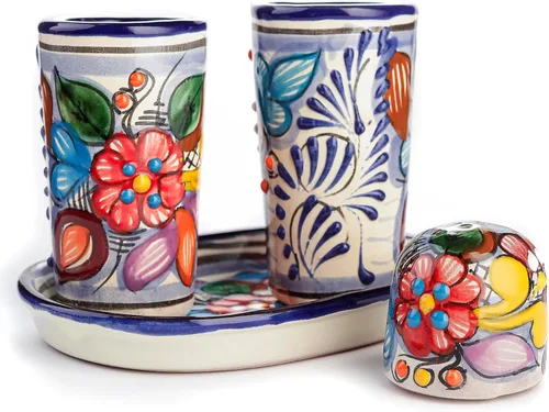 Miniatura 9 de Juego de vasos de chupito de tequila Talavera con bandeja y salero (juego de 2) - Diseño de flores verdes - Juego de regalo mexicano auténtico Flor