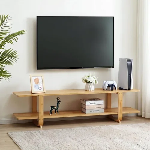 HollyHOME Soporte de TV de bambú con almacenamiento para televisores de hasta 65 pulgadas, moderno centro de entretenimiento con 2 estantes