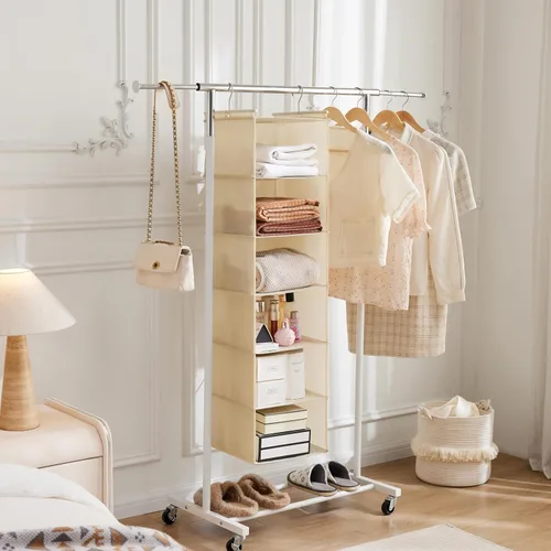 Miniatura 9 de MAX Houser Organizador colgante de armario de 6 niveles, estante colgante de tela con 2 ganchos resistentes para almacenamiento, plegable (beige)