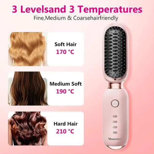 Miniatura 4 de VAGARY Cepillo alisador de cabello inalámbrico, cepillo alisador portátil para viajes, calor rápido de 30 segundos, 3 ajustes de temperatura, 300