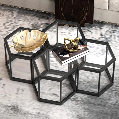 Miniatura 4 de Mesa de centro moderna de cristal, mesa de centro de cristal combinada, sin hexágonos, mesas auxiliares pequeñas con marco de metal para sala