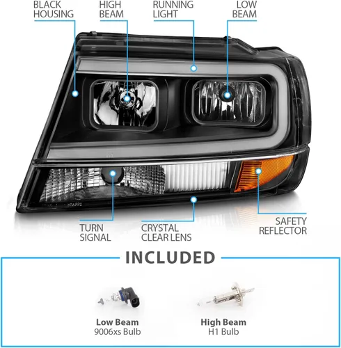Miniatura 5 de AmeriLite Juego de faros delanteros de repuesto para Jeep Grand Cherokee 1999-2004 con barra de luz LED, color negro transparente, lado
