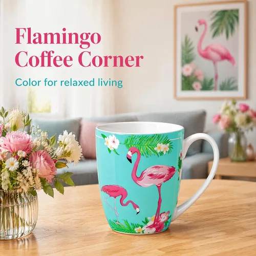 Miniatura 3 de Taza de porcelana de hueso flamenco de 12.5 oz con plantas tropicales Porcelana de hueso ligera, ideal para los amantes del flamenco, taza de café