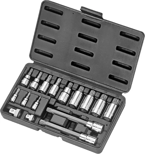 XZN Juego de 16 llaves de vaso de triple cuadrado para brocas, cortas y extra largas (5.512 in), con adaptador de 1/4 pulgadas x 3/8 pulgadas y 3/8
