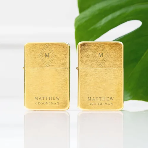 Miniatura 3 de Weddingstar Encendedor de Metal Personalizado a Prueba de Viento Dorado Cepillado - Grabado de Monograma con Emblema de Diamante Oro cepillado
