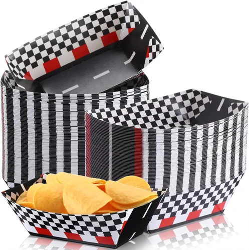 Havawish 50 bandejas de papel de carreras, bandejas de comida a cuadros para nachos, desechables, para fiestas de carreras, barco, bandeja de servir