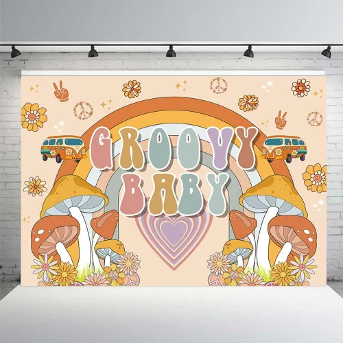 MEHOFOND Telón de fondo de bebé Groovy de 7 x 5 pies, diseño de arco iris, retro, hippie, bohemio, niña, decoración de baby shower, amor de paz de