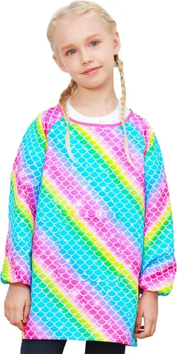 Miniatura 9 de PASHOP Bata de arte para niños, de unicornio, impermeable, para niñas, niños, manga larga, hasta la rodilla, con bolsillo (dinosaurio azul, 3-7 años)