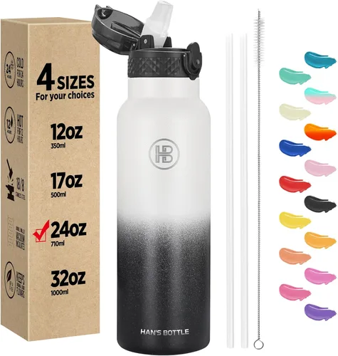 Miniatura 42 de Han's Bottle - Botella de agua para niños con tapa con pajilla - Vaso reutilizable de acero inoxidable aislado para niñas, niños, taza termo, 17