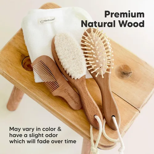 Miniatura 7 de Cepillo de madera para el pelo del bebé para niñas y niños, cepillo de cuna para bebés, cerdas suaves de cabra, peine perfecto para el cuero Nogal