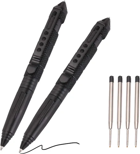 Juego de 2 bolígrafos tácticos militares con 6 repuestos negros para escribir, hechos de acero de tungsteno y aluminio (negro, paquete de 2)
