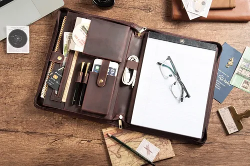 Miniatura 8 de AZXCG Portafolio de cuero para hombre, hecho a mano, con cremallera, organizador de documentos de negocios para cuaderno tamaño carta A4, funda