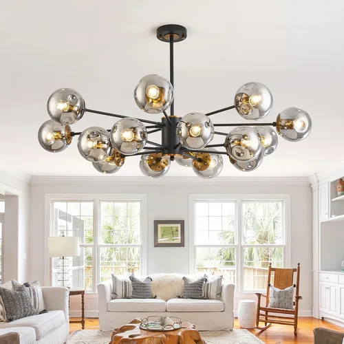 Miniatura 11 de DDLLDESHI Lámpara de araña de 6 luces dorada con cubierta esférica de vidrio Sputnik, lámpara de techo de 34" de gran tamaño para comedor, lámparas