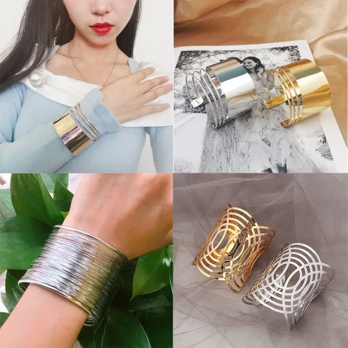 Miniatura 7 de MOZAKA 6 pulseras de alambre ancho abierto para mujer, pulsera de oro