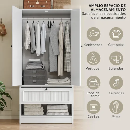 Miniatura 3 de Einhomn Armario de madera de 70 pulgadas con puertas y espejo, armario de madera con cajones y 3 ganchos laterales, gran armario independiente