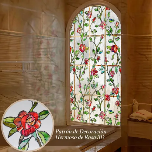 Miniatura 2 de Windimiley Película decorativa para ventana de vitral, 3D con diseño floral de rosas, película adhesiva estática de privacidad que difunde la luz