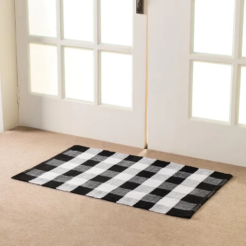 HOMEMONDE Tapete de algodón a cuadros de 27.5 x 43 pulgadas | Tapete lavable a cuadros en blanco y negro reversible | Alfombra de interior y