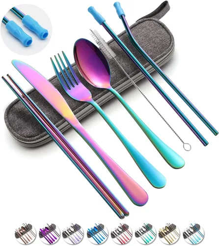 Miniatura 8 de Juego de utensilios de viaje con estuche, juego de cubiertos portátiles reutilizables de acero inoxidable, 8 piezas, incluyendo cuchillo de cena