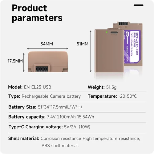 Miniatura 8 de Batería EN-EL25 EN-EL25A de 2100 mAh paquete de 2 y cable de carga rápida USB-C, perfectamente compatible con cámara Nikon Z50 Z30 Z50ii ZFC