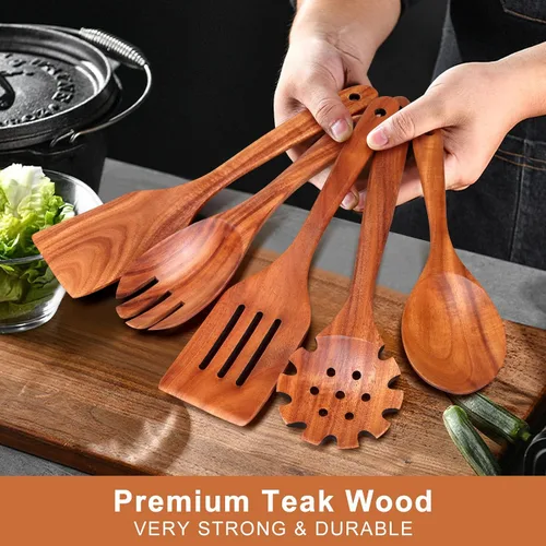 Miniatura 6 de Juego de 5 cucharas de madera para cocinar, espátulas de madera de teca, espátulas ranuradas para utensilios de cocina antiadherentes, cuchara