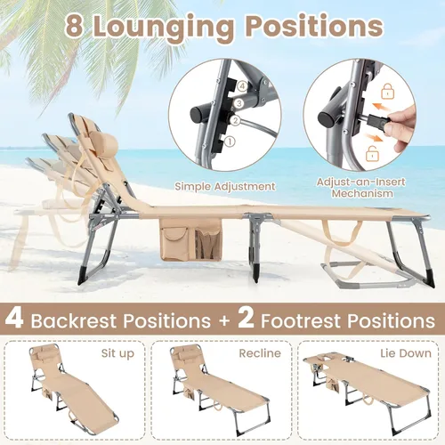 Miniatura 5 de COSTWAY Silla de salón plegable de playa, silla de bronceado con agujero para la cara, respaldo ajustable de 5 posiciones, almohada y bolsillo