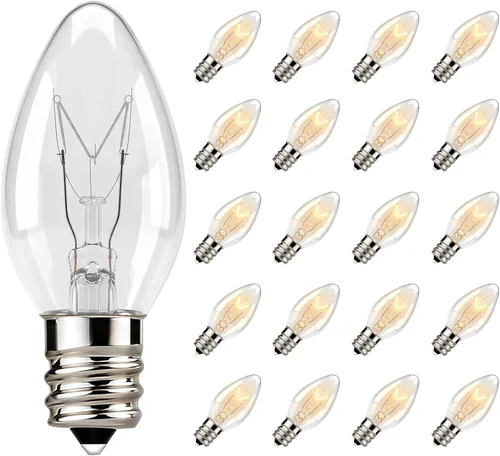 Paquete de 25 Bombillas de Repuesto C7 Transparentes, Bombillas de Luz de Vela C7 para Exteriores, Luz de Vela Nocturna para Decoración de Patio